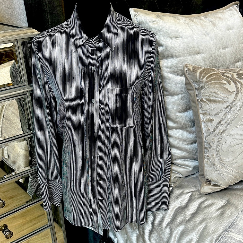 Theory Black and White Silk Blouse